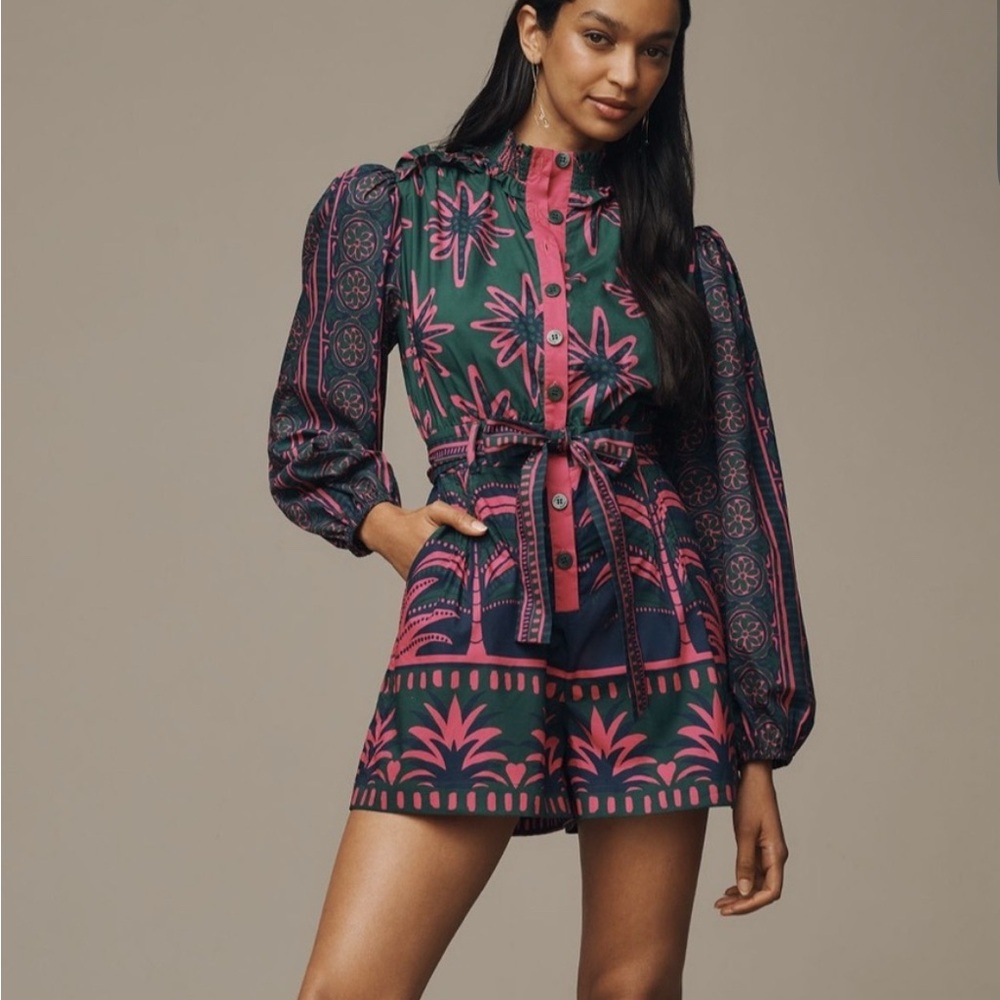 FARM Rio Pink and Green Long Sleeve Resort Dress